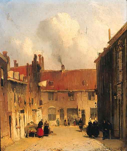 Villagers in a sunlit street Oil Painting by Jan Weissenbruch