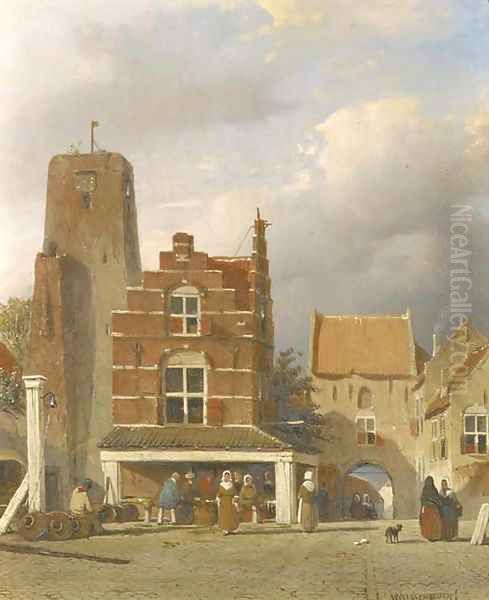 De markt te Woudrichem met de Hoftoren figures on a market square Oil Painting by Jan Weissenbruch