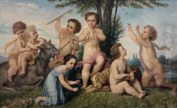 Jeune Fille Et Putti Dans Un Paysage Oil Painting by Henri Pierre Picou