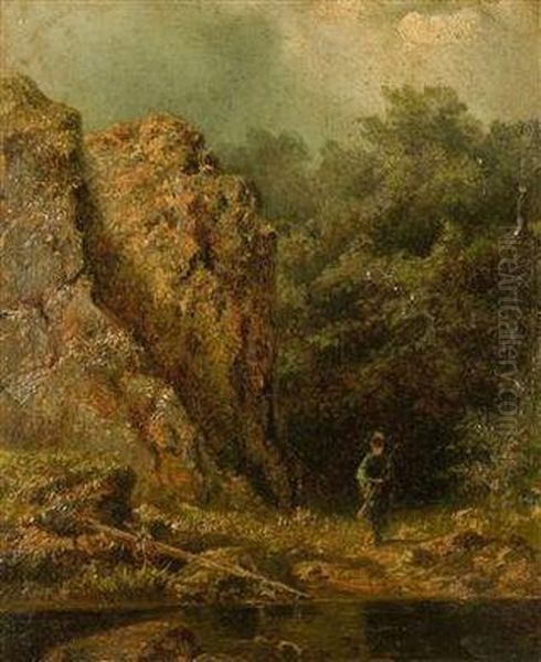 A Hunter Below A Rock Wall Oil Painting by August Bedrich Piepenhagen