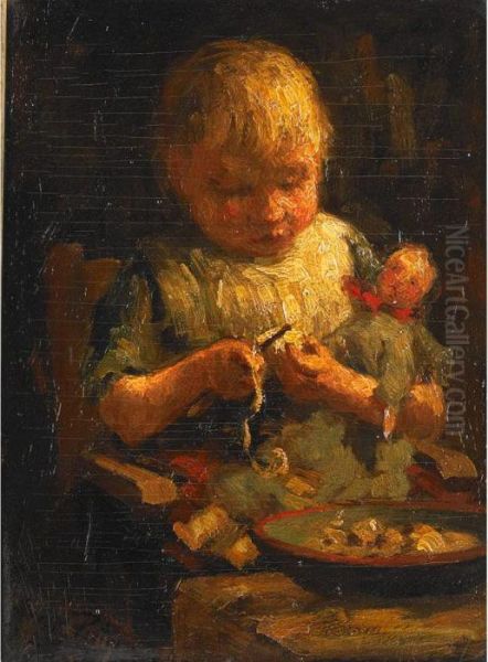 Child With Doll Peeling Potatoes Oil Painting by Evert Pieters