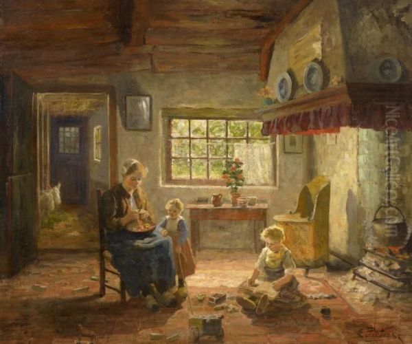 An Interior Setting Of Mother With Two Children Oil Painting by Evert Pieters