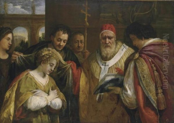 Saint Domitilla Receiving The Veil From Pope Clement Oil Painting by Pietro Da Cortona (Barrettini)