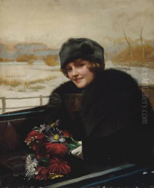 Portrait Of A Lady, Half-length, In An Open Topped Car, A Bunch Of Flowers In Her Hand Oil Painting by Harold Piffard