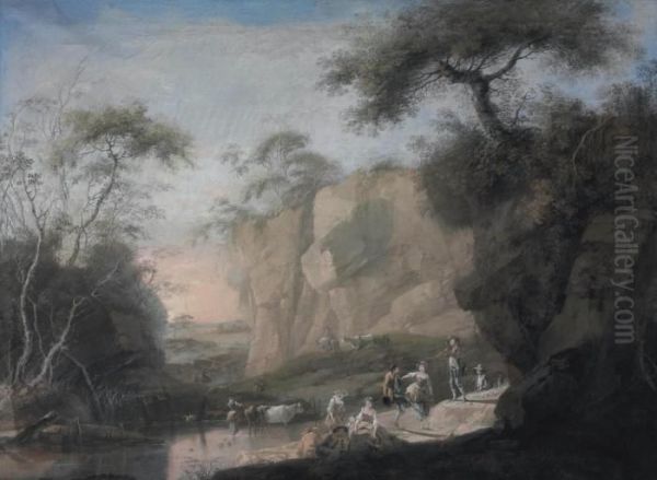 A Rocky Wooded Landscape With 
Figures Dancing And Resting By A Pool And Herdsmen Driving Cattle Oil Painting by Jean-Baptiste Pillement