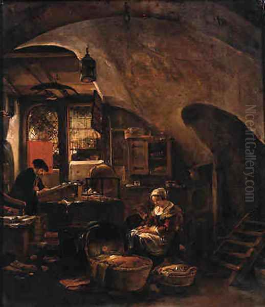 An alchemist at work in a vaulted room, with a woman seated by a cradle Oil Painting by Thomas Wijck