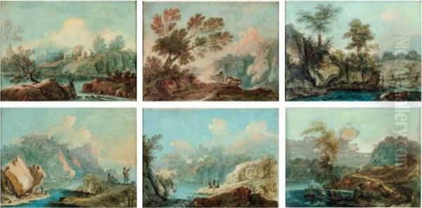 Six Scenes De Personnages Et Attelages Dans Des Paysages De Montagne Oil Painting by Jean-Baptiste Pillement