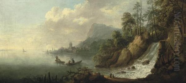 An Extensive River Landscape 
With Figures In Rowing Boats Near A Waterfall, A Town Beyond Oil Painting by Jean-Baptiste Pillement