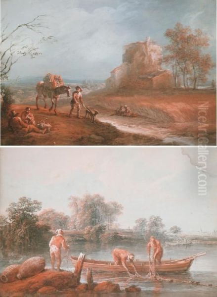 Pastorala Scener Med Fiskare Och Vandrare Oil Painting by Jean-Baptiste Pillement