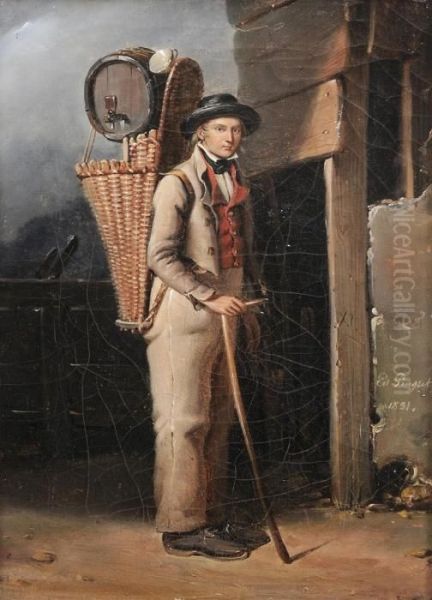 Man With A Barrel On A Basket Oil Painting by Edouard Pingret