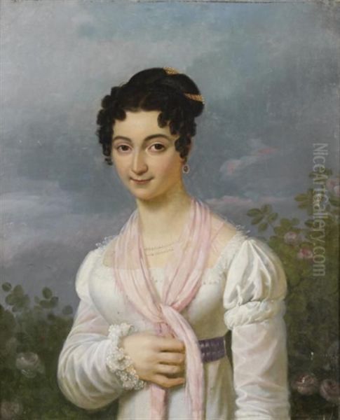 Portrait De Jeune Femme A L'echarpe Rose Oil Painting by Edouard Pingret