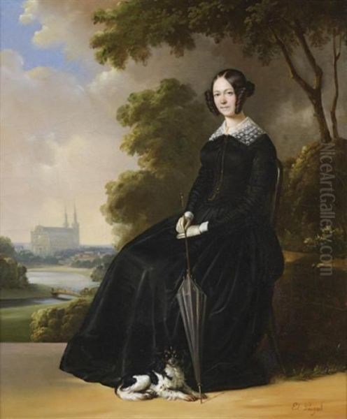 Portrait D'une Jeune Femme Avec Son Chien Devant Une Eglise Oil Painting by Edouard Pingret