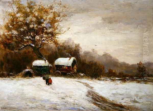 Gypsy Caravans in the Snow Oil Painting by Leila K. Williamson