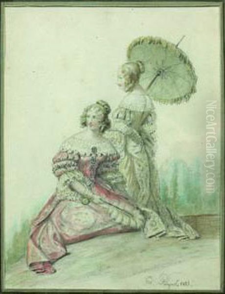 Deux Jeunes Femmes En Costume Du Xviie Siecle Oil Painting by Edouard Pingret