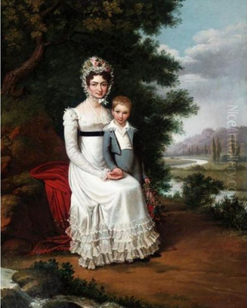 A Portrait Of A Mother And Her Son In A Landscape Oil Painting by Edouard Pingret