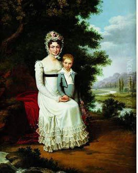 Portrait De Jeune Femme Avec Son Fils Sur Fond De Paysage Oil Painting by Edouard Pingret