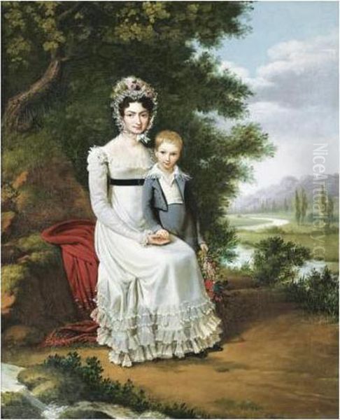 Portrait D'une Femme Et De Son Enfant Oil Painting by Edouard Pingret