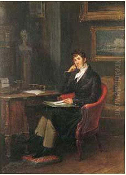 Portrait D'hippolyte De La Porte A Son Bureau Oil Painting by Edouard Pingret