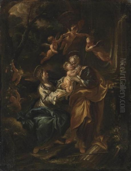 The Rest On The Flight To Egypt: A Modello Oil Painting by Domenico Piola