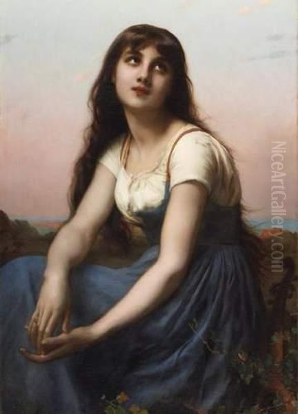 Young Beauty With Lute In Front Of An Italian Landscape Oil Painting by Etienne Adolphe Piot