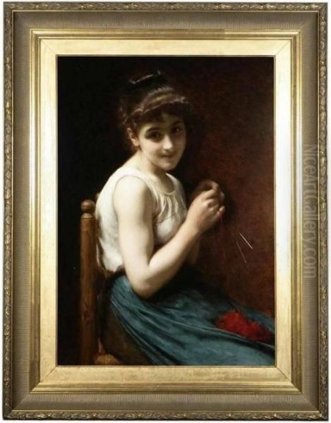 Portrait Of A Girl Knitting Oil Painting by Etienne Adolphe Piot