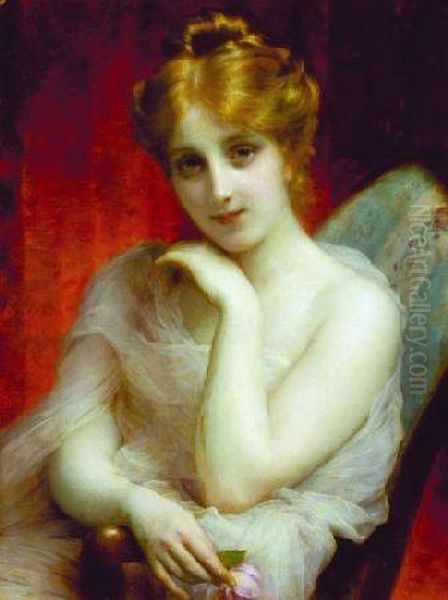 Young Beauty With A Rose Oil Painting by Etienne Adolphe Piot