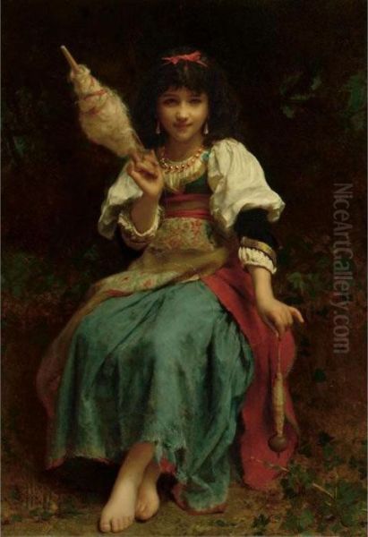 Young Woman Carding Wool Oil Painting by Etienne Adolphe Piot