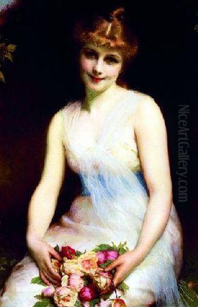 Young Beauty With Roses Oil Painting by Etienne Adolphe Piot