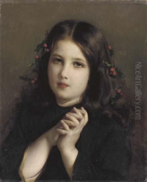 A Young Girl With Holly Berries In Her Hair Oil Painting by Etienne Adolphe Piot