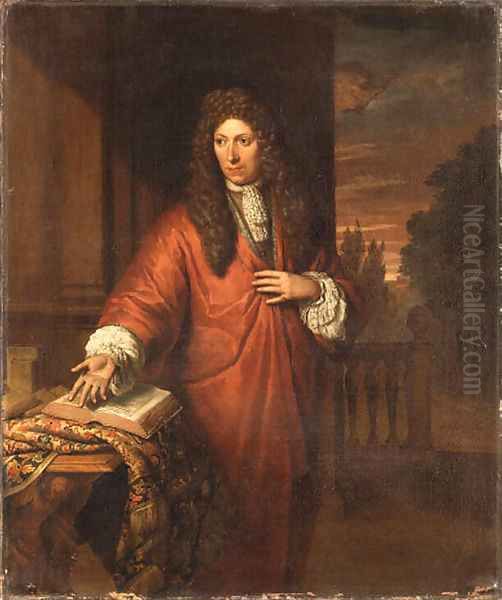 Portrait of a Gentleman, small three-quarter length, in a red robe, beside a draped table Oil Painting by Thomas van der Wilt