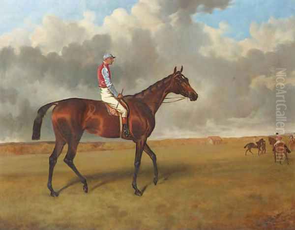 Miss Jummy, a bay racehorse with Jack Watts up, at Newmarket with other racehorses beyond Oil Painting by John Arnold Wheeler