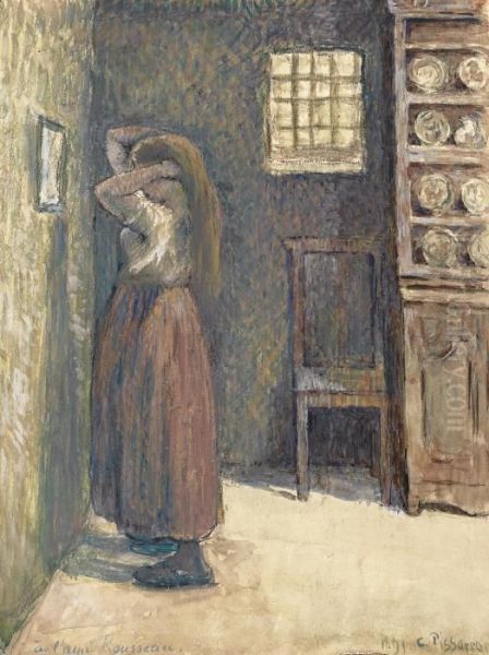 Jeune Paysanne Se Coiffant Oil Painting by Camille Pissarro