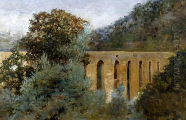 Landscape With Arched Viaduct Oil Painting by Lucien Pissarro