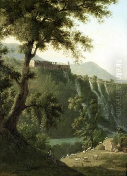 A Shepherd Grazing Cattle At Tivoli, With A View Of The Waterfalls In The Distance Oil Painting by Anthonie Sminck Pitloo