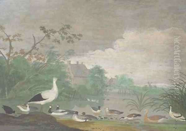 Geese, ducks and other birds on a pond with houses in the distance Oil Painting by Pieter Withoos