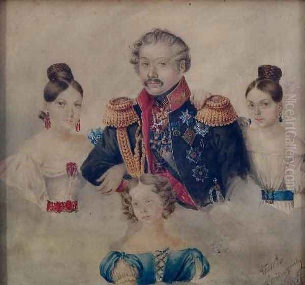 Russian Officer and His Daughters Oil Painting by Roman Wilczynski