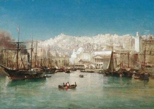 In The Harbour Of A North-african City. Inscription Bottom Right: A. Plassan Oil Painting by Antoine Emile Plassan