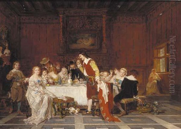 Elegant Figures Dining In An Interior Oil Painting by Antoine Emile Plassan