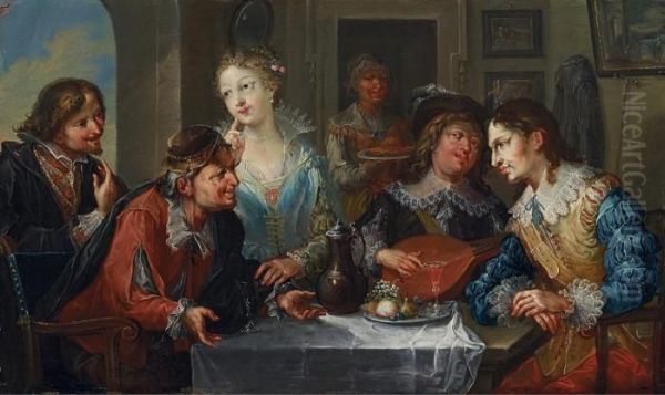 Zwei Frohliche Gesellschaftsszenen Bei Musik Und Wein Oil Painting by Johann Georg Platzer