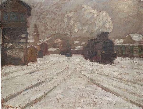 Stuttgarter Haupbahnhof Im Schnee Oil Painting by Hermann Pleuer