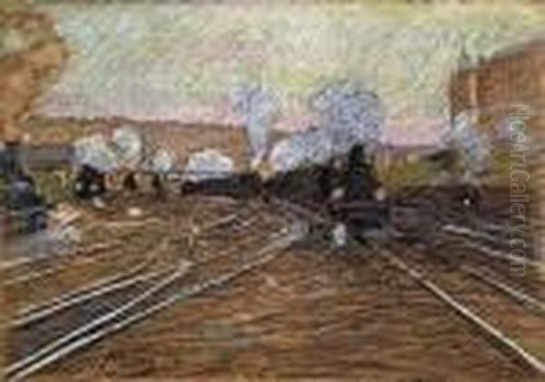 Stuttgarter Bahnhof Bei Regen, Rechts Die Hauser Der Bahnhofstrase Oil Painting by Hermann Pleuer