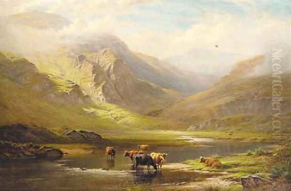 Cattle watering in a Highland landscape Oil Painting by Walter J. Watson