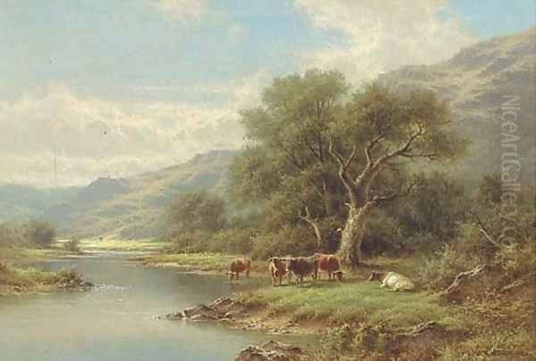 Cattle on the bank of a river Oil Painting by Walter J. Watson