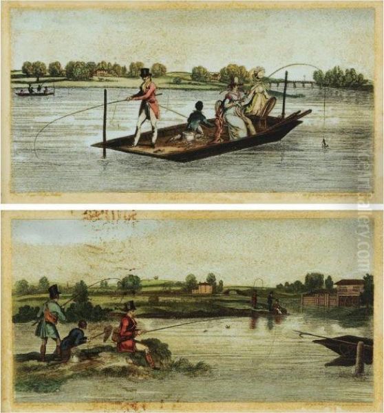 Two Reverse-mounted Fishing-related Oil Painting by James Pollard