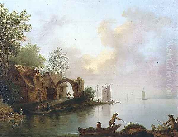 Wooded River Landscape with Boatmen Oil Painting by Johann Heinrich Wust