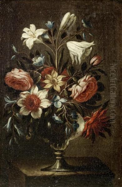 Tulips, Peonies, Carnations And Other Flowers In A Glass Vase On A Table Oil Painting by Antonio Ponce