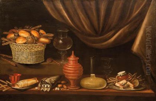 Bodegon De Dulces, Frutos Secos, Ceramica Y Vidrios Oil Painting by Antonio Ponce