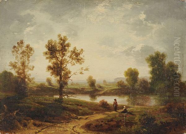 Couple Au Bord De L'etang Oil Painting by Antoine Ponthus-Cinier