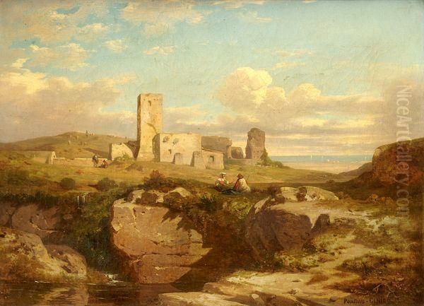 Couple De Bergers Devant Des Ruines En Italie Oil Painting by Antoine Ponthus-Cinier