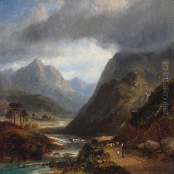 Scottish Mountainscape With Shepherd Oil Painting by James Poole